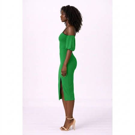 Emerald ColdbShoulder Midi Dress  Puff Sleeve Bodycon with Back Slit